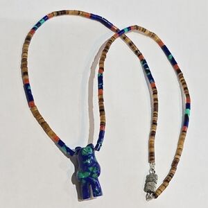 Vintage Handmade lapis, turquoise,  and coral beaded necklace with bear pendant